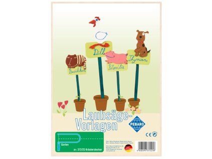 Pebaro Laubsäge Vorlagen Garten – šablona jmenovek na bylinky, Art. 3722S (Kräuterstecker), obrázek hotových zápichů