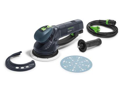 Festool RO 150 FEQ ROTEX 150 mm – obsah balení: bruska, kabel plug-it, přídavná rukojeť, Protector a brusný kotouč