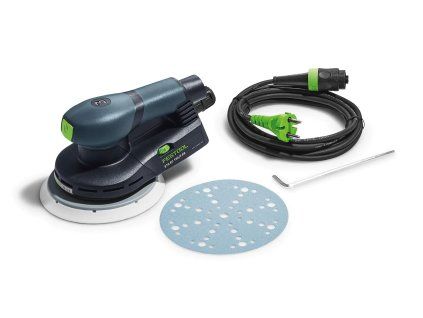 Festool ETS 1503 – obsah balení bruska, kabel plug it, imbus a brusný kotouč (arch) na bílém pozadí