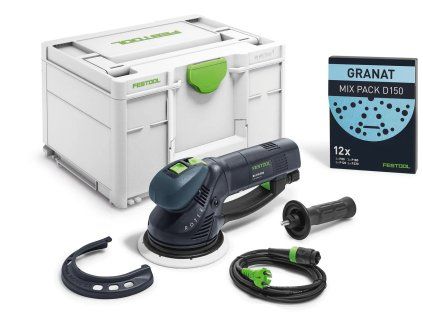 Sada Festool RO 150 FEQ-Plus: bruska ROTEX 150 mm, Systainer, kabel plug-it, Protector a brusivo Granat