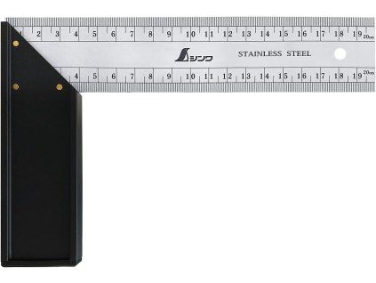 Celkový pohled na lícovou stranu úhelníku Shinwa s metrickou stupnicí a označením Stainless Steel.